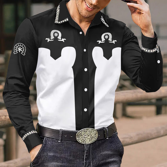 Men's Vintage Western Cowboy Horseshoe Pattern Design Print Long Sleeve Shirt