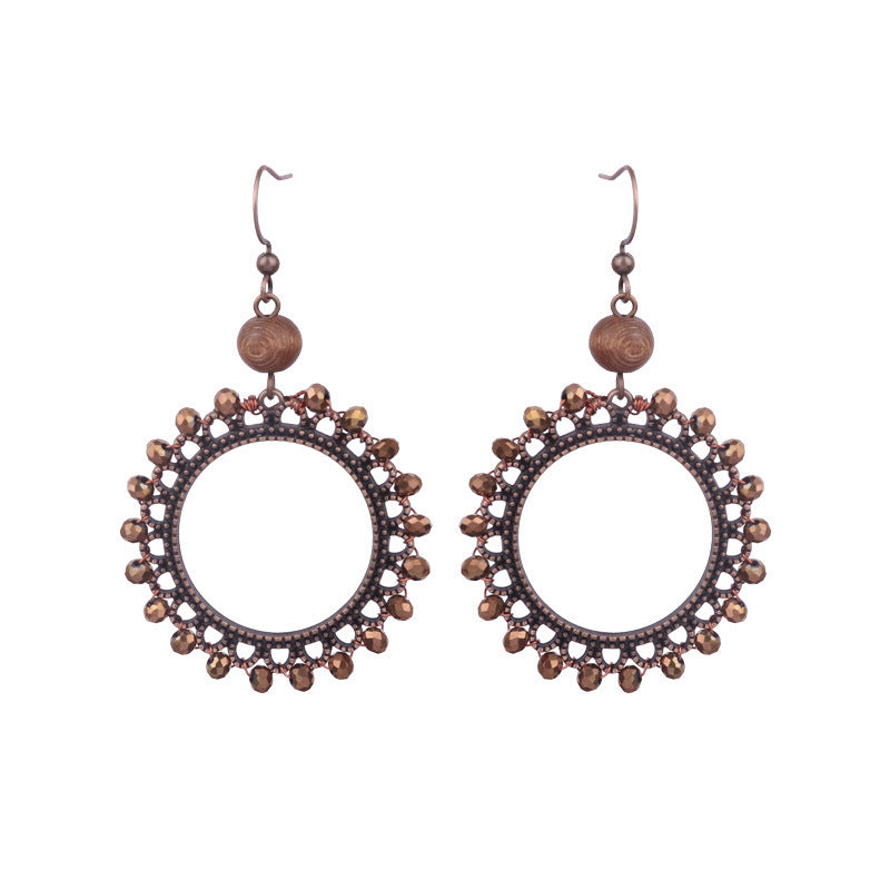 Women's Bohemian Retro Geometric Round Wooden Bead Earrings