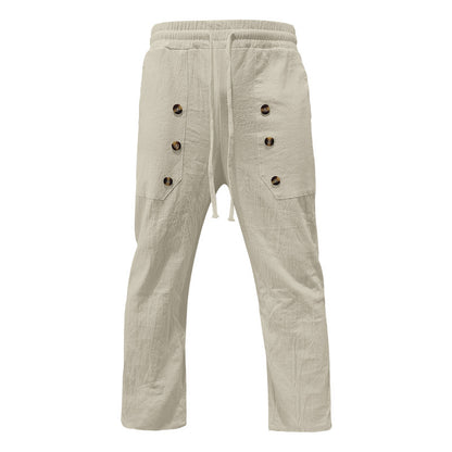 Men's Casual Hawaii Beach Multi Button Cotton Linen Trousers