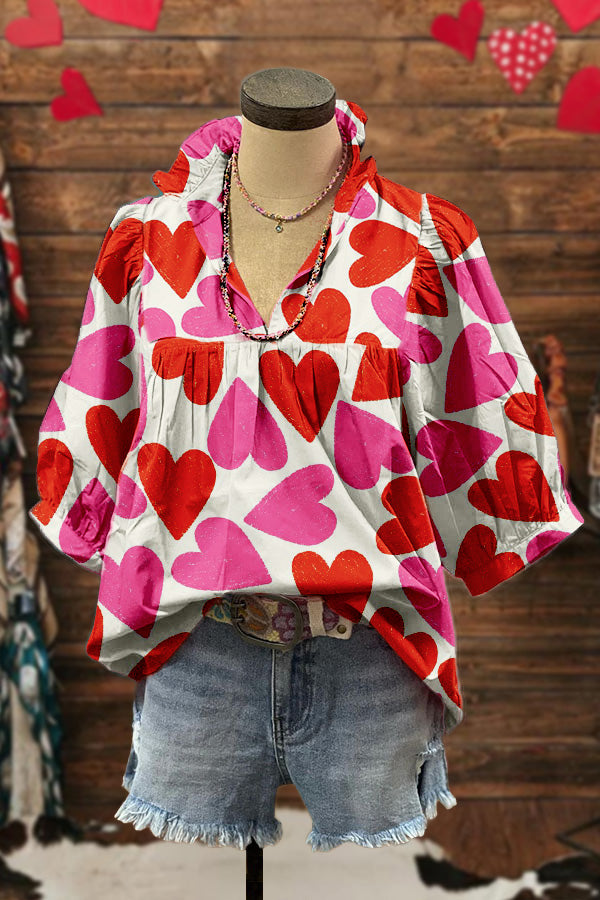 Cute Valentine's Day Puff Sleeve Blouse