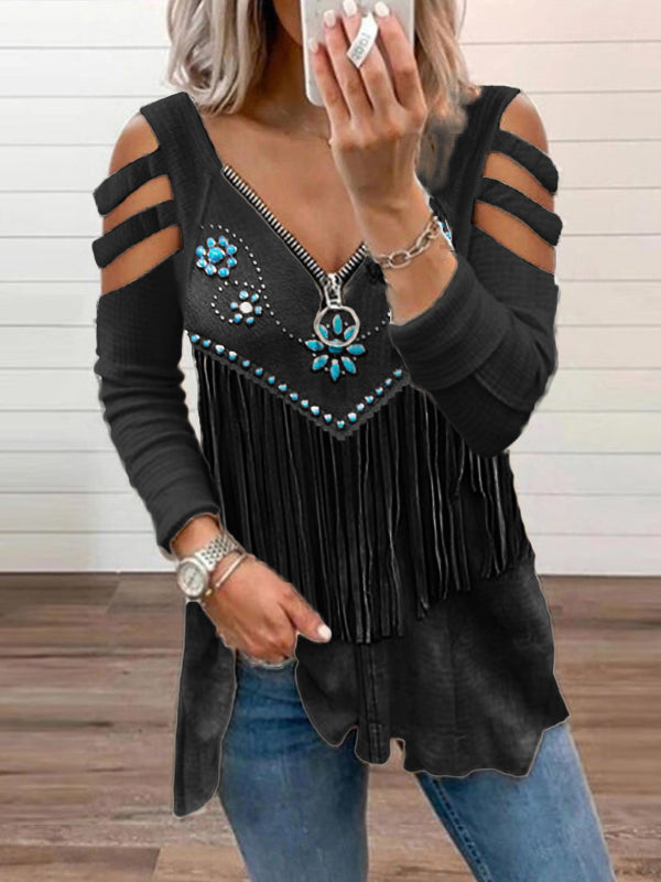 Western Turquoise Floral Tassels Hollow Shoulder Zip Up T Shirt