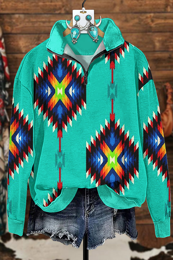 Turquoise Aztec Printed Zipper Sweatshirt