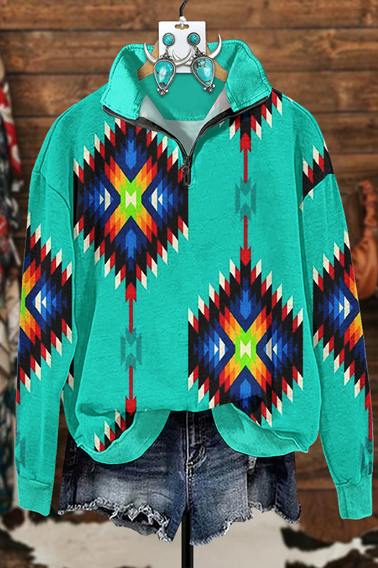 Turquoise Aztec Printed Zipper Sweatshirt