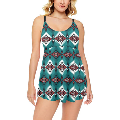 Teal Aztec Swim Dress & Shorts Set