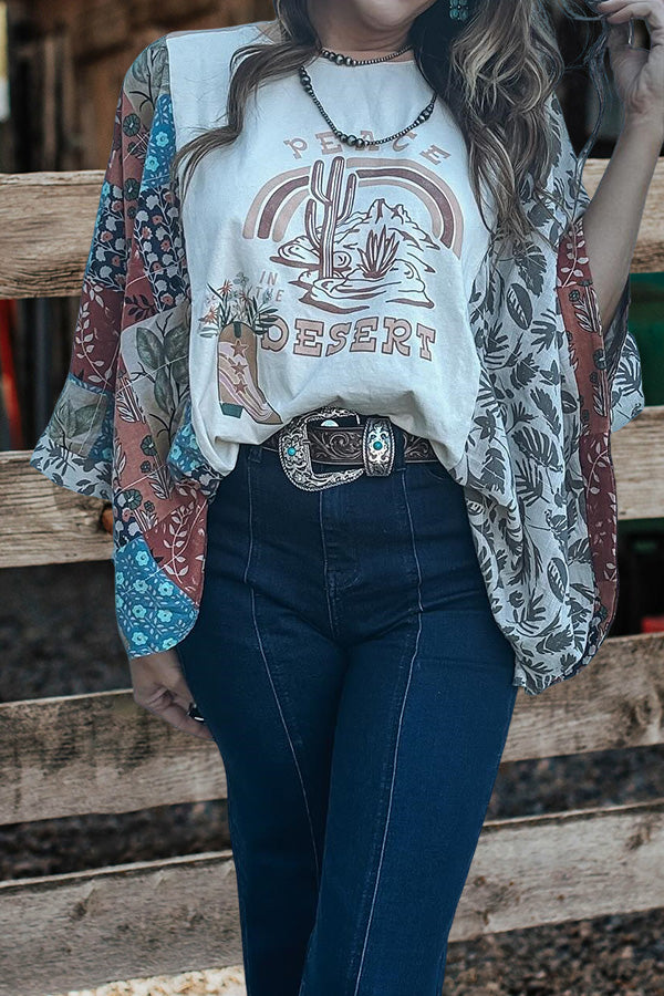 Retro Floral Print Bell Sleeve Shirt