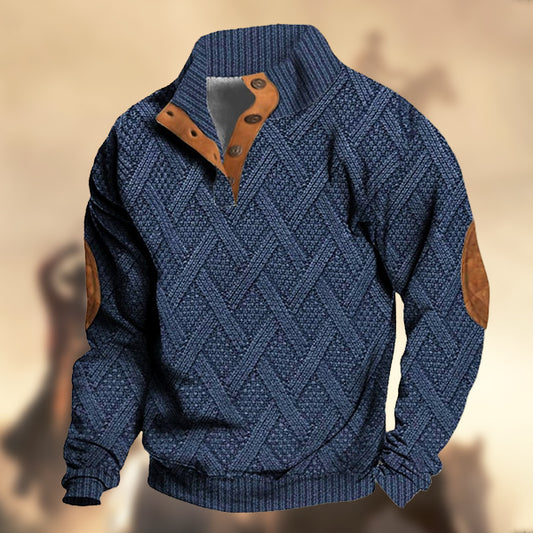 Men's Casual Retro Western Knitt Prints Stand Collar Button Sweatshirt