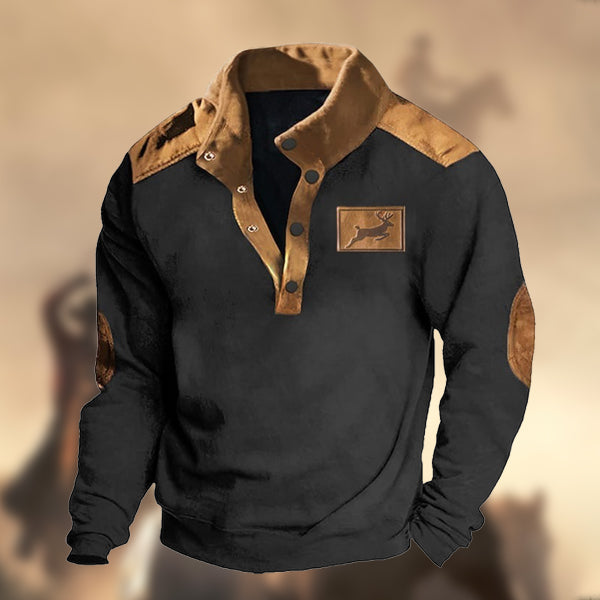 Men's Casual Vintage Country Western Hunting Elk Print Henley Stand Collar Sweatshirt