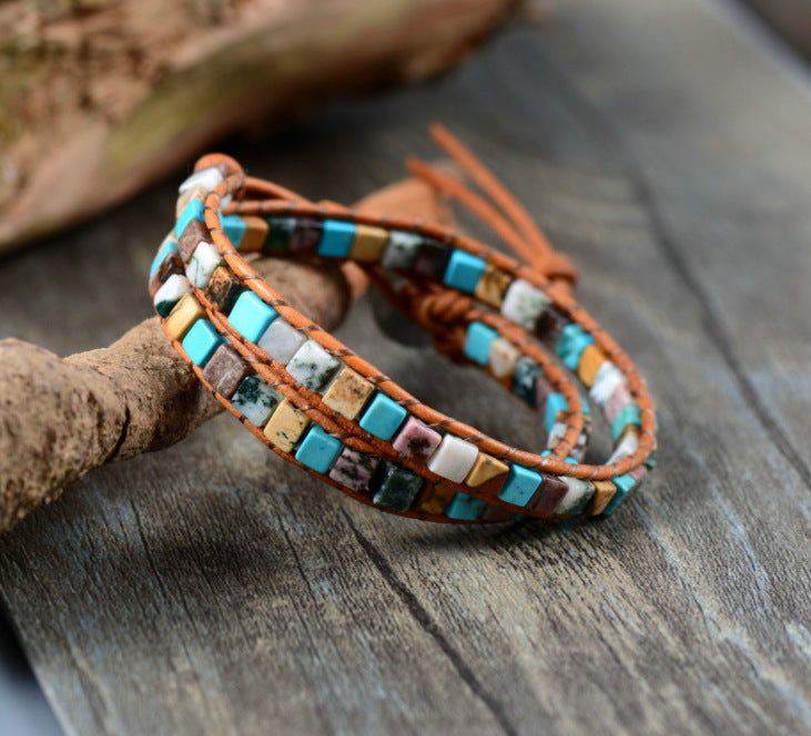 Unisex Vintage Leather Mixed Natural Stone Ethnic Bracelet