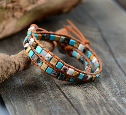 Unisex Vintage Leather Mixed Natural Stone Ethnic Bracelet