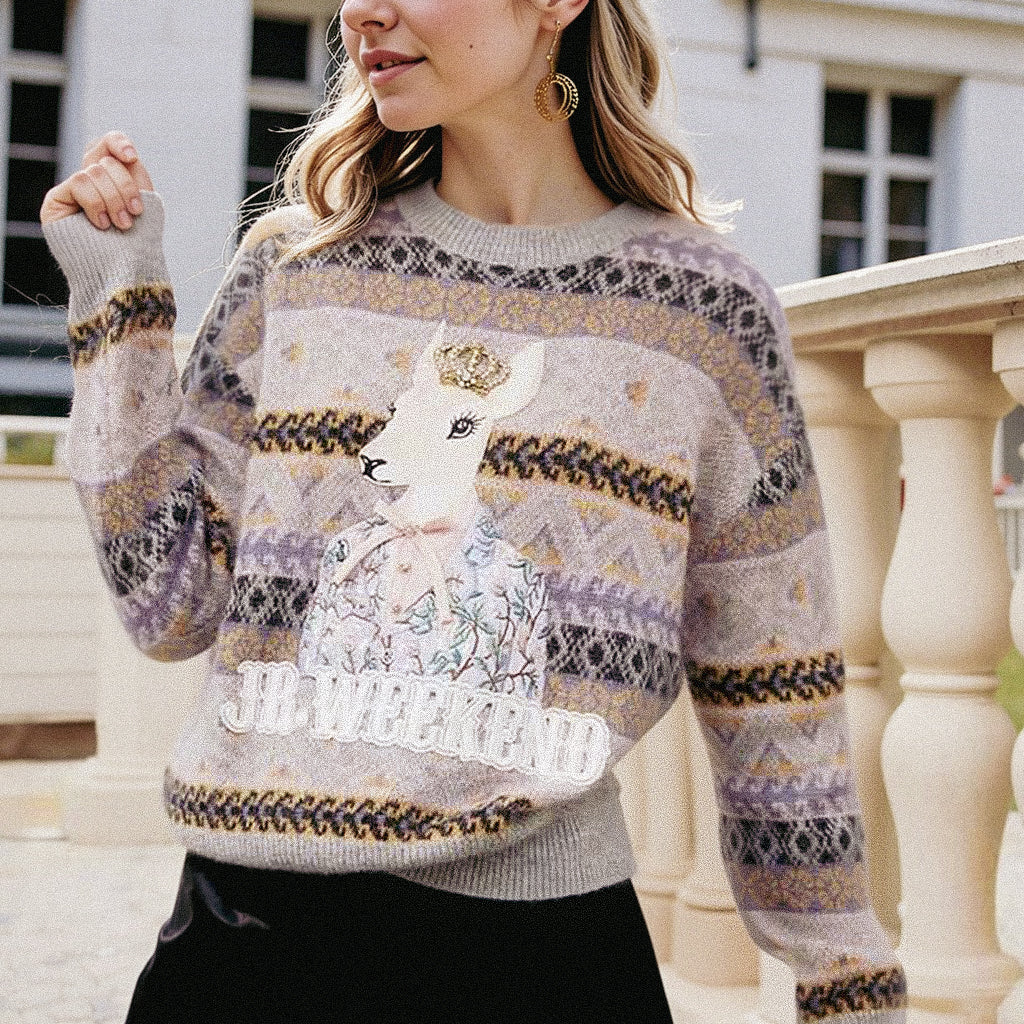 Loose Geometric Deer Bow Knit Sweater Top