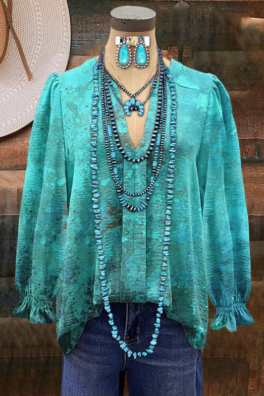 Classic Turquoise Print V-neck Blouse