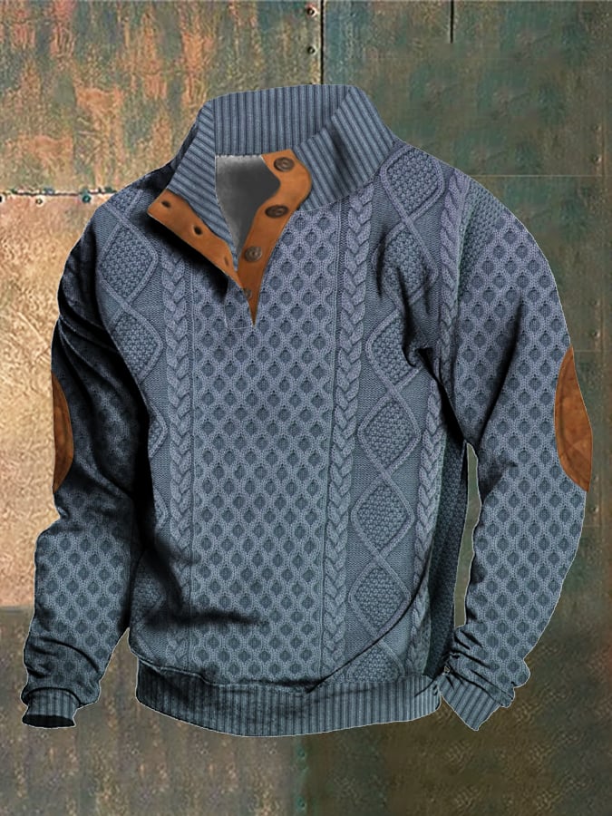 Men's Retro Western Knitted Print Stand Collar Sweatshirt