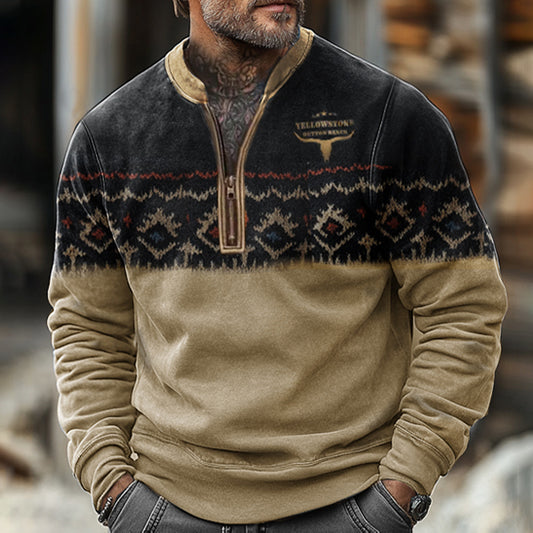 Men's Vintage Vintage Yellowstone Ethnic Geometric Print Ziper Stand Collar Sweatshirt