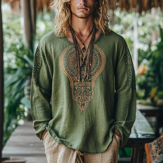 Men's Bohemian Holiday Style Vintage Linen Printed Casual Long Sleeve Top