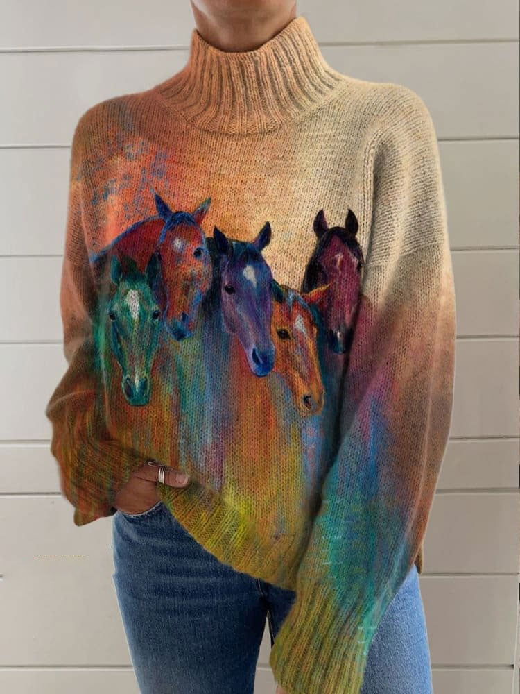 Retro Gradient Horse Art Print Casual Denim Jacket