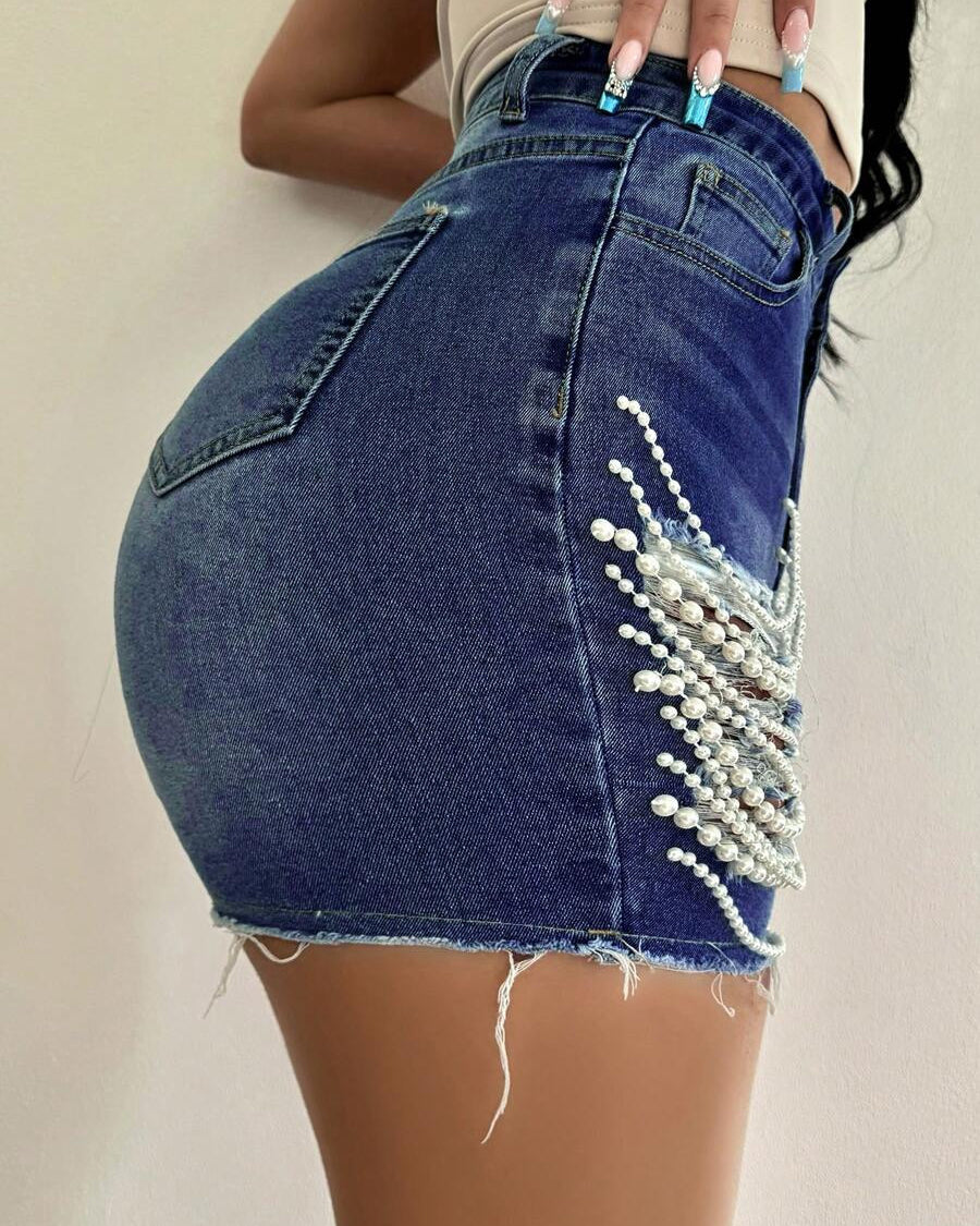 High Waist Handmade Bead Chain Ripped Denim Shorts