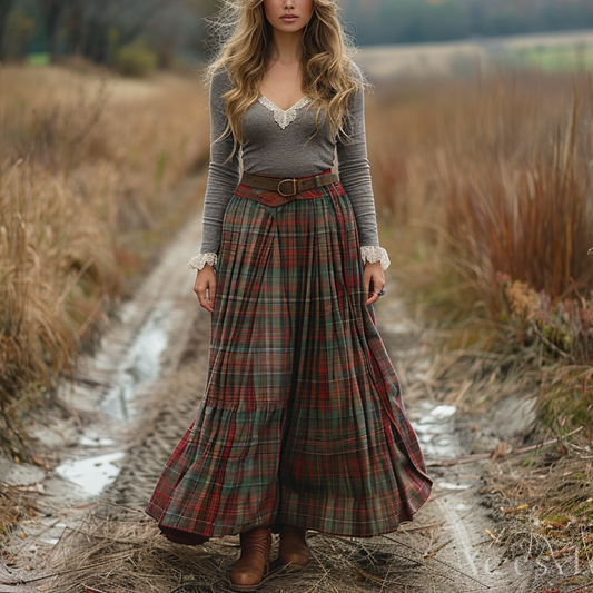 Women's Retro Plaid V-neck Long-sleeved Long Skirt Pastoral Style Dress