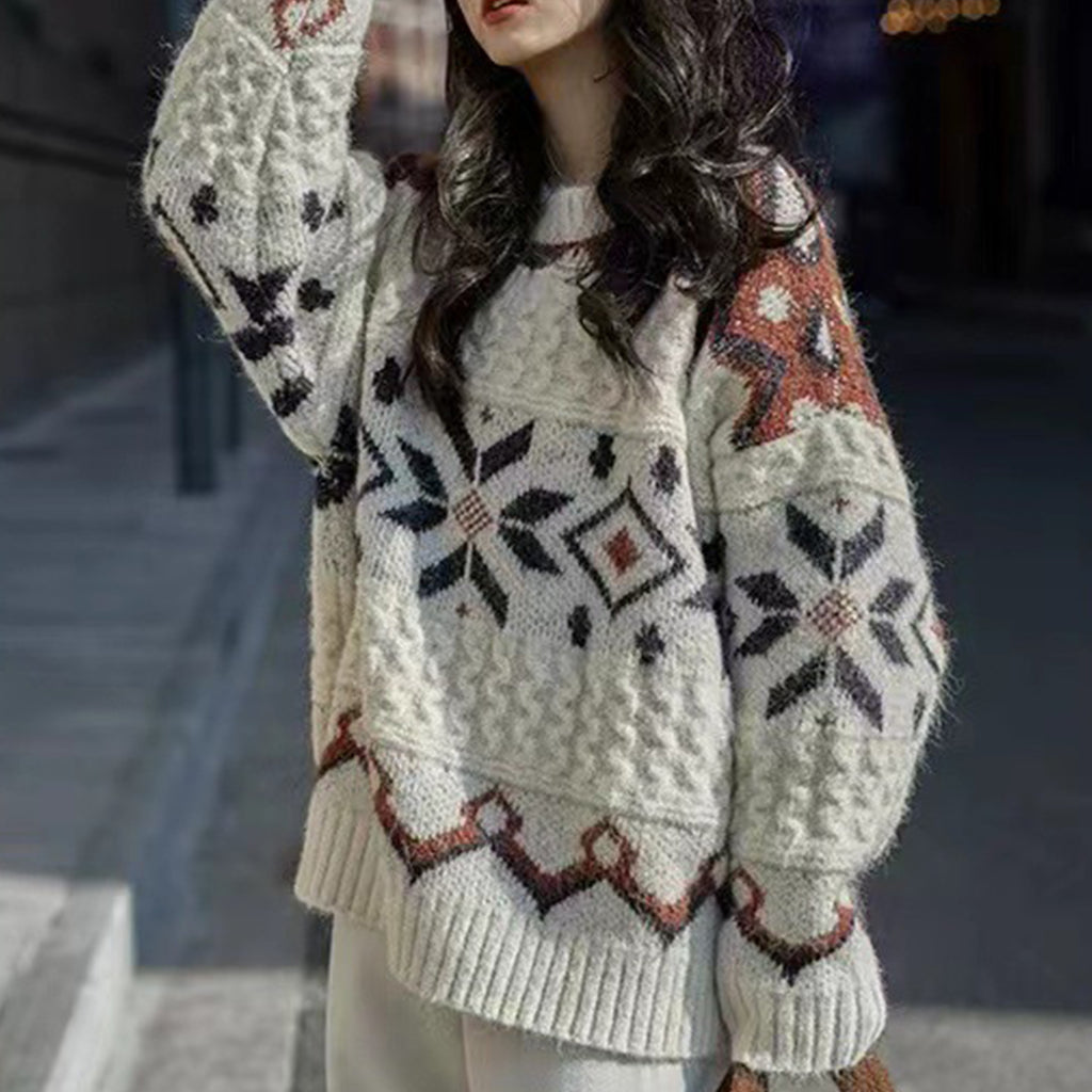 White Thick Tops Women Spring And Autumn Fair Isle Design Japanese Retro Temperament Sweater