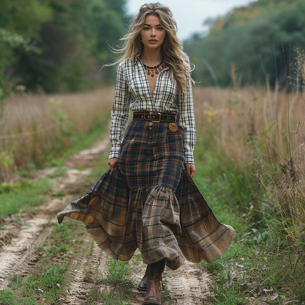 Retro V-neck Plaid Women's Long-sleeved Long Skirt Country Pastoral Retro Dress