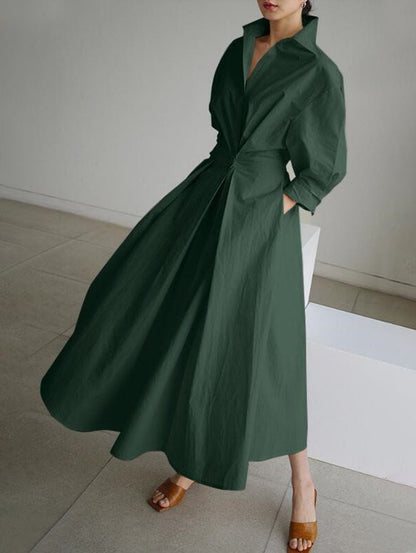 Elegant Pocket Button Lapel Collar Fold Solid Midi Dress