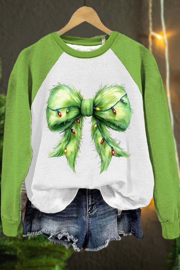 Women's Christmas Green Fur Coquette Bow Sweatshirt