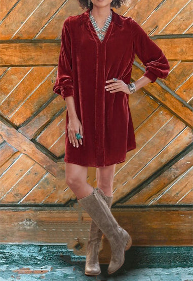 Velvet V- Necklace Long Sleeve Dress