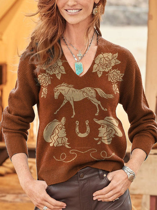 Women's Vintage Cowboy Print V-neck Pullover Sweater