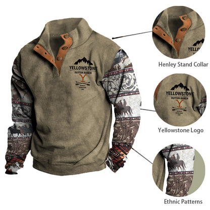 Men's Earthy Brown Retro Western Yellowstone Ethnic Print Casual Henley Stand Collar Sweatshirt