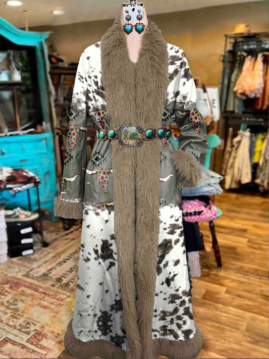 Women's Cow Texture Aztec Art Printed Fur Patchwork Suede Long Afghan Coat