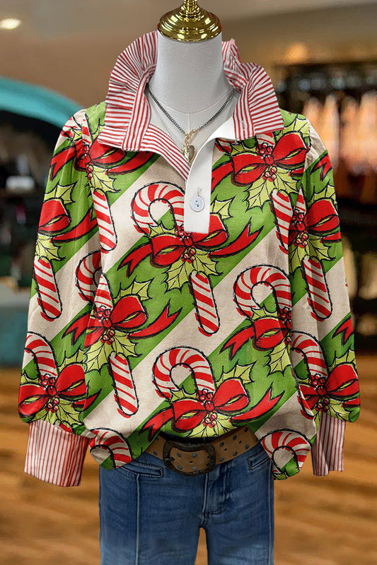 Sweet Christmas Candy Canes Print Puff Sleeve Blouse