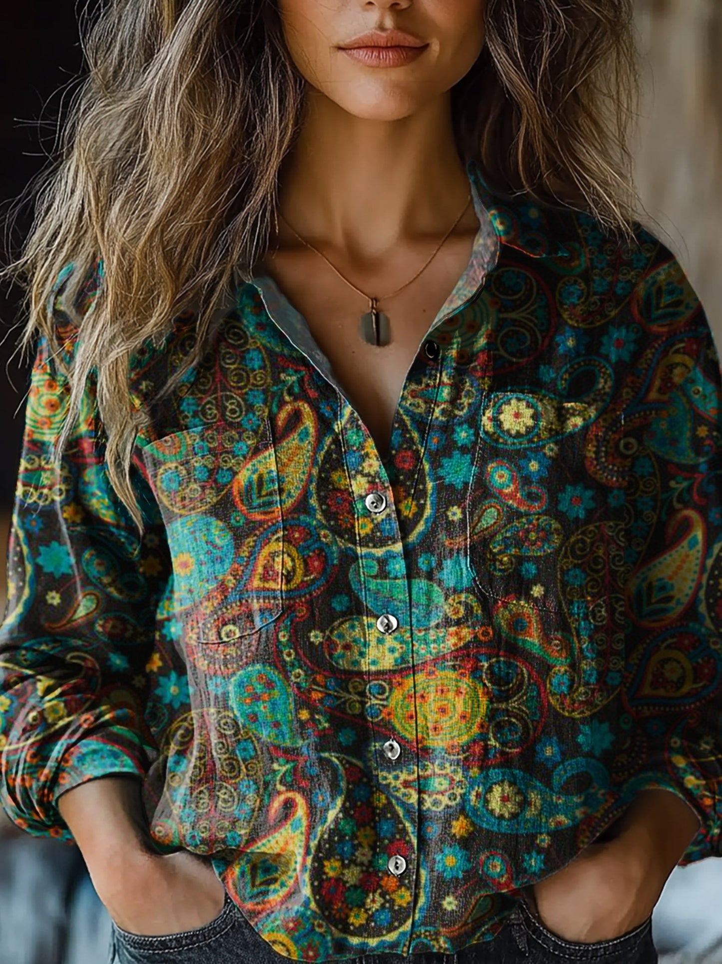 Women's Vintage Paisley Cashew Floral Art Print Casual Long Sleeve Comfortable Cotton Shirt