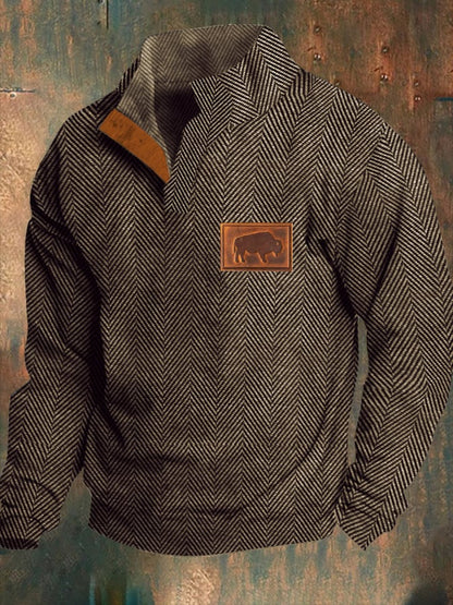 Men's Western Hunting Wear Jacquard Herringbone Design Stand Collar Button Sweatshirt (Non-Print)