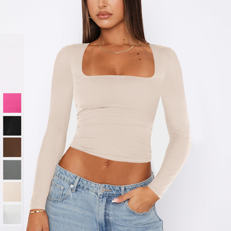 Sexy Backless Inner Wear Women's Knitted Sweater Long-sleeved T-shirt Hot Girl Top Square Neck Bottoming Shirt