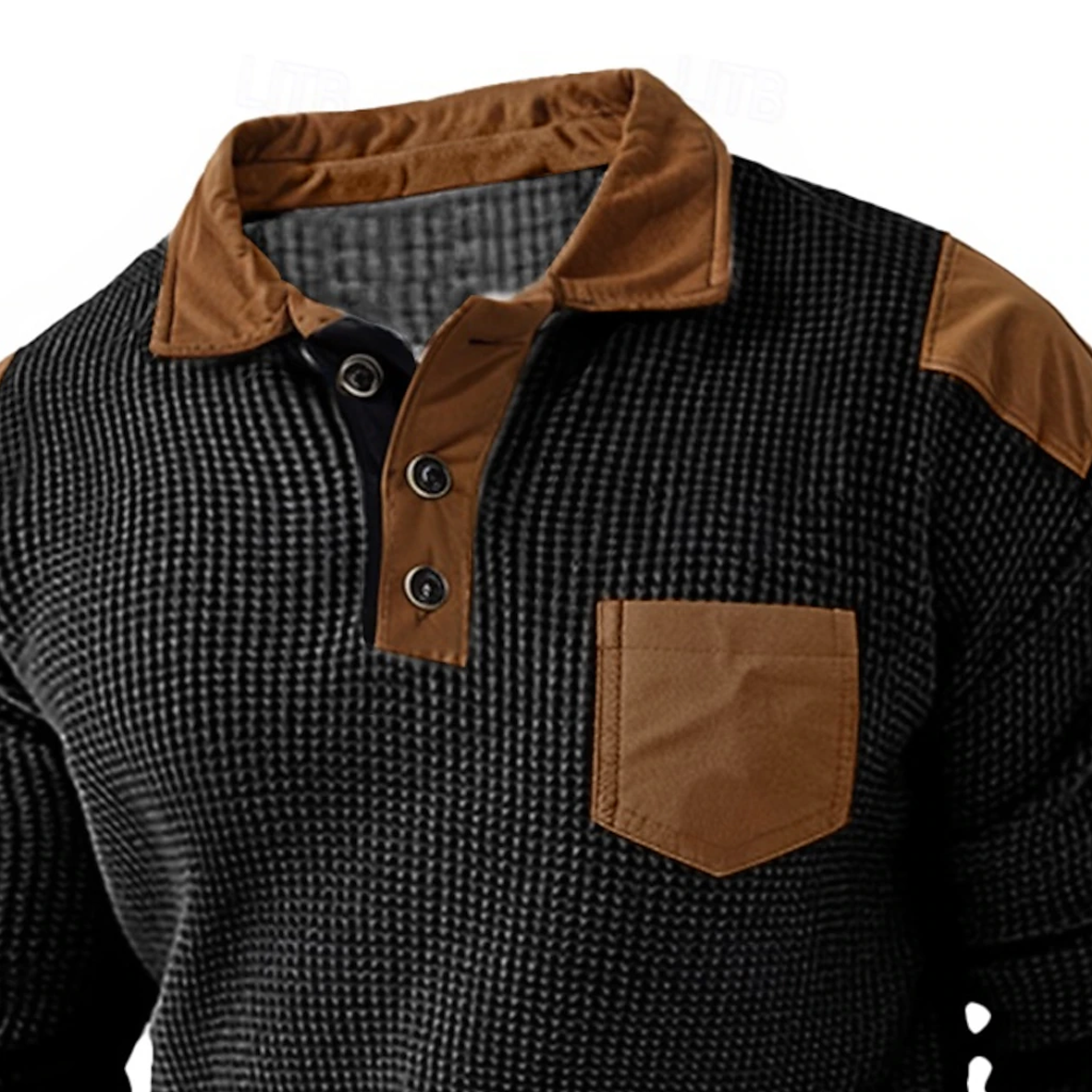 Men's Waffle Polo Shirt Long Sleeve Vintage Fashion Button Pocket Spring & Fall Black Polo Shirt