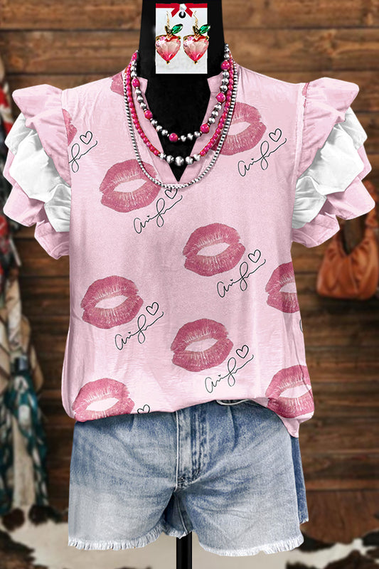 Pink Kiss Print Flying Sleeve Music Blouse