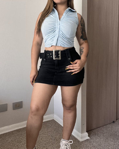 High-waisted Mini Slim-fit Denim Skirt With Belt