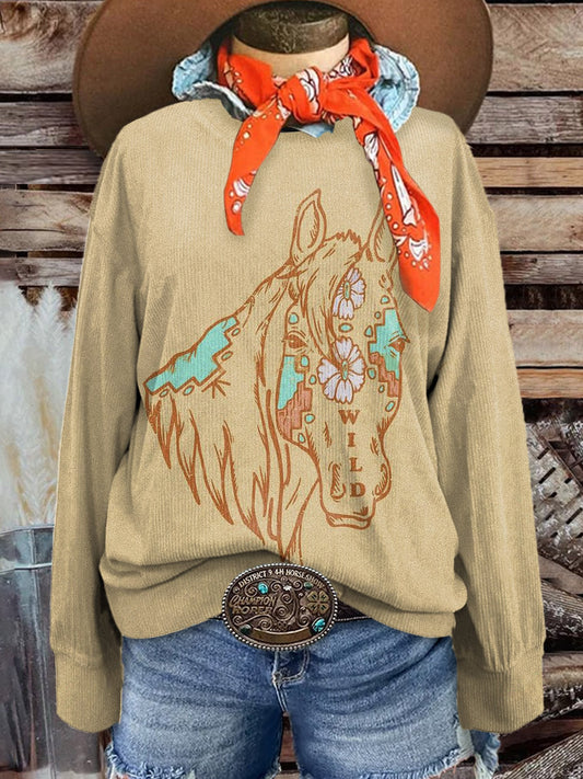 Women's Vintage Floral Horse Print Casual Corduroy Sweatshirt