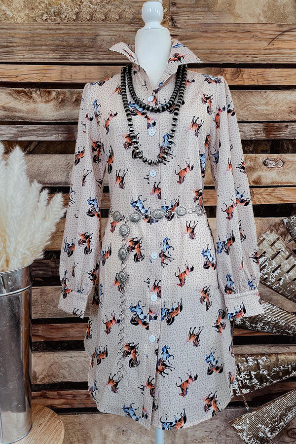 Casual Western Print Button Up Shirt Dress