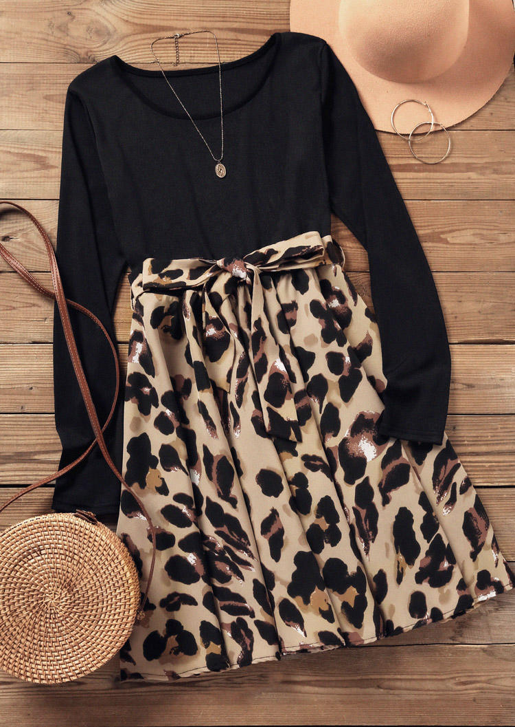 Leopard Long Sleeve Tie O-Neck Mini Dress