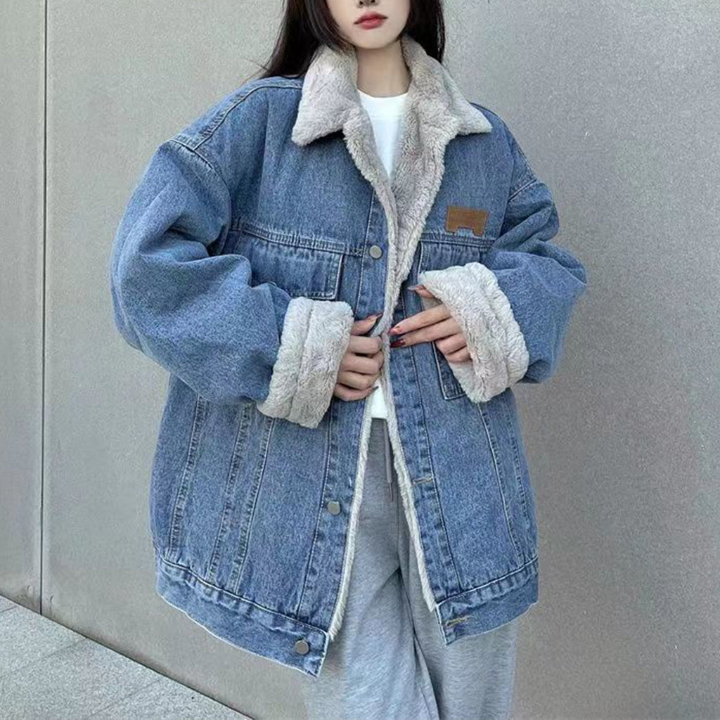 Thickened Fleece Denim Jacket Loose Lambswool