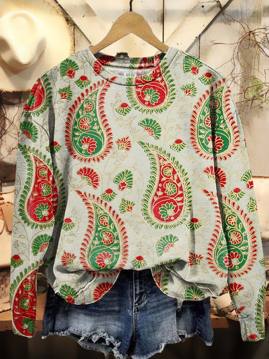 Vintage Christmas Colorway Paisley Print Casual Sweatshirt