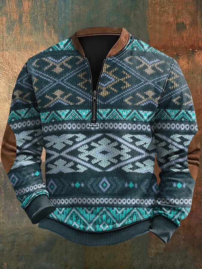 Men's Vintage Western Knit Print Zip-Neck Sweatshirt