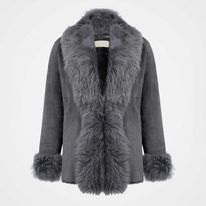 Women's Vintage Suede Fleece Fur Lapel Shearling Coat Sherpa Lined Jacket