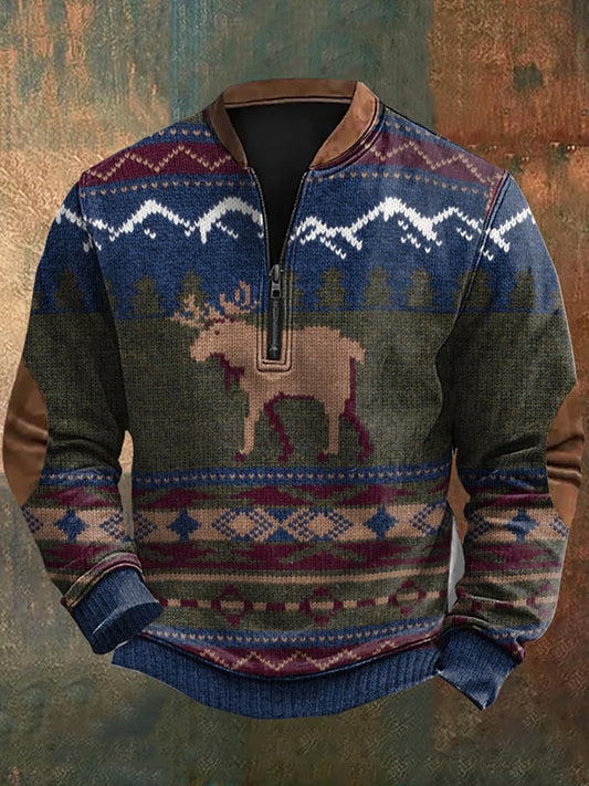 Men's Vintage Western Knit Print Zip-Neck Sweatshirt