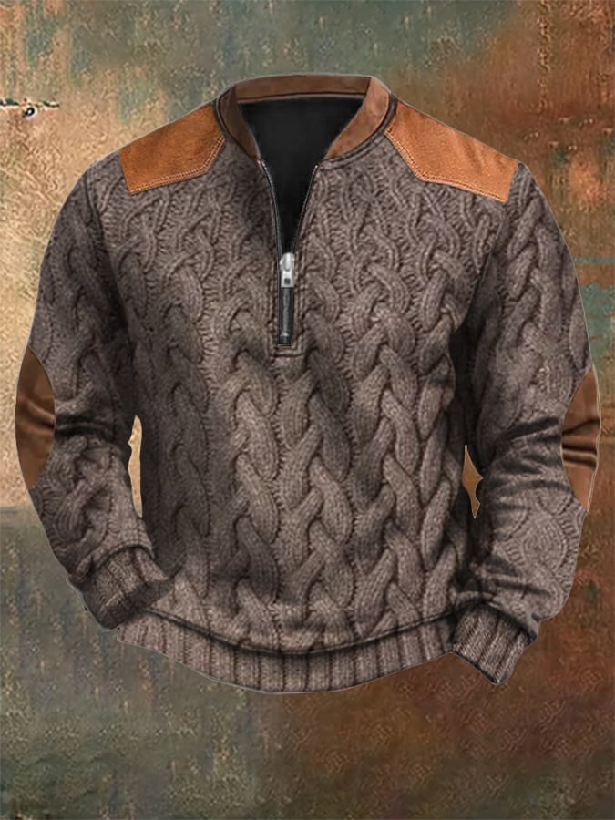 Men's Vintage Knit Print Zip-Up Sweatshirt