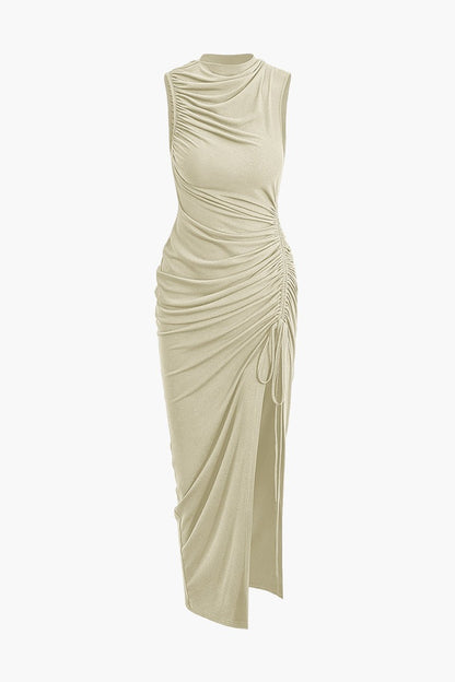 Ruched Drawstring Slit Sleeveless Maxi Dress