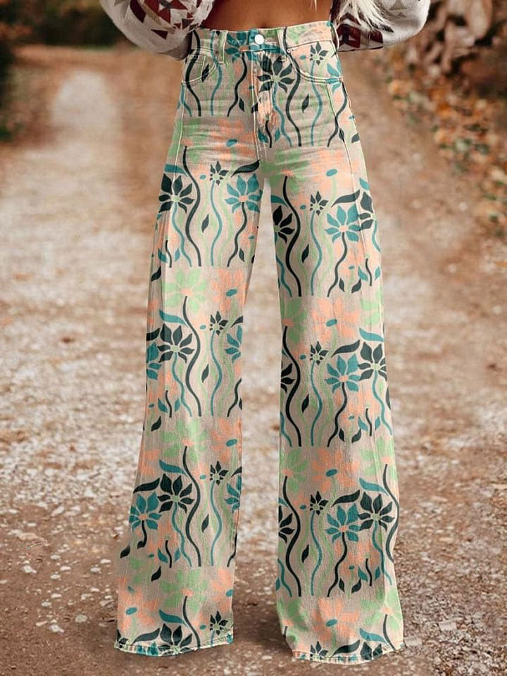 Women's Bohemia Flower Print Casual Wide Leg Pants