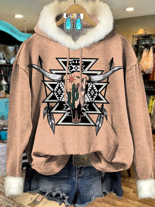 Vintage Aztec Bull Head Art Print Imitation Rabbit Fur Trim Casual Hoodie Sweatshirt