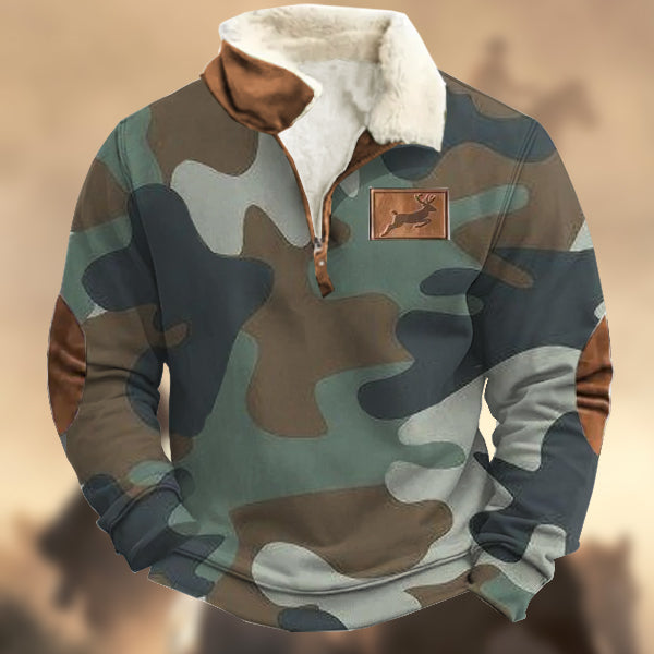 Men's Vintage Camouflage Print Elk Logo Zipper Fur Collar Sweatshirt