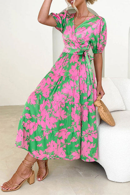 Elegant Floral Patchwork V Neck A Line Dresses